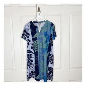 Chico’s Floral Block Print Split Neck Jersey Knit S/S Dress Cotton NWT Sz L